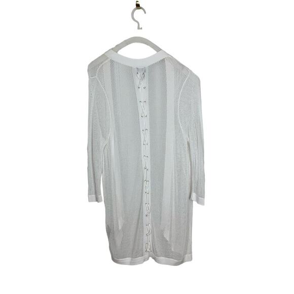 Chicos Travelers Sheer White Mesh Lace-Up Back Cardigan Size 12P - Picture 2 of 11